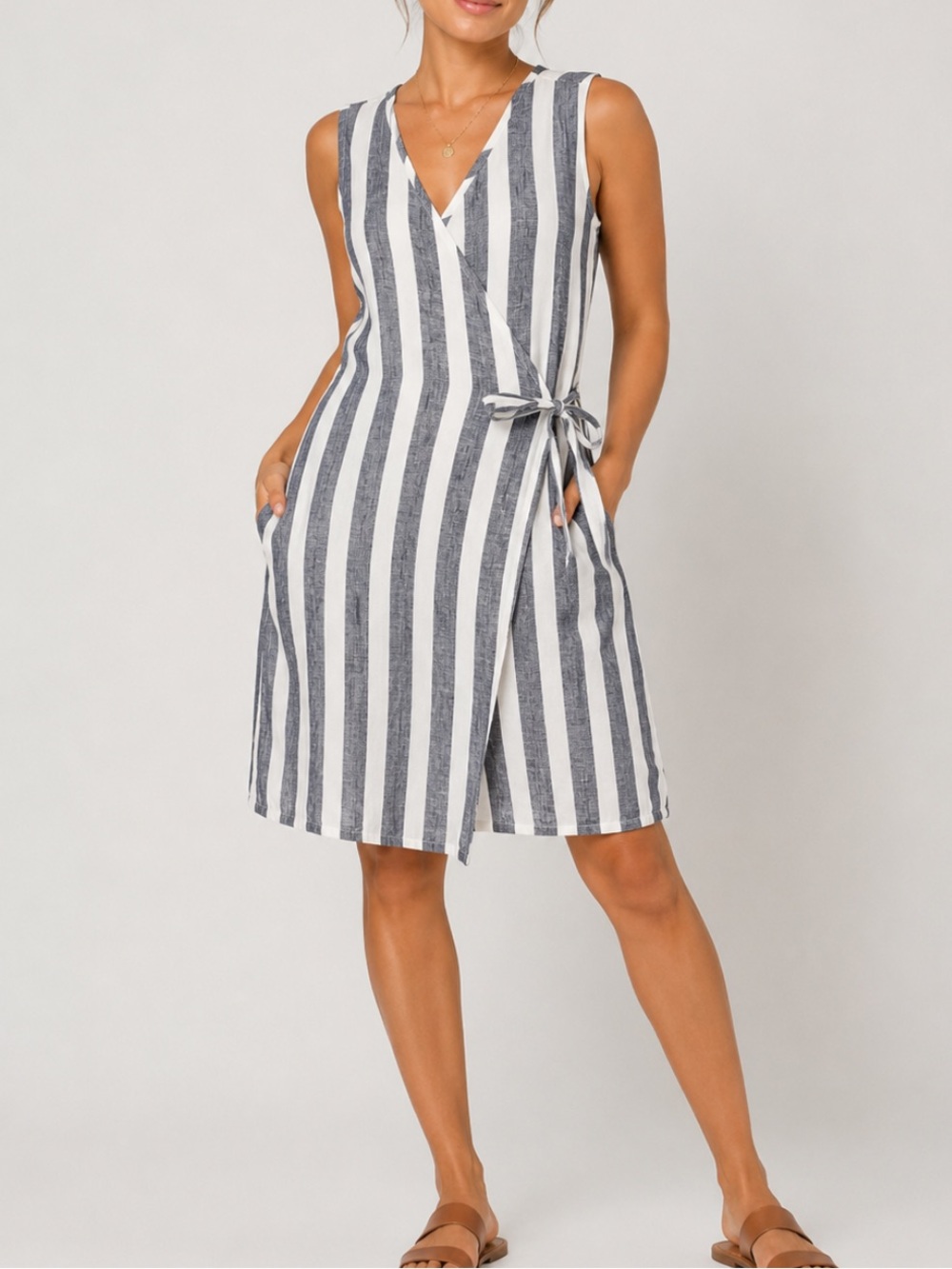 Flax Stripped Linen Wrap Dress‎ Small